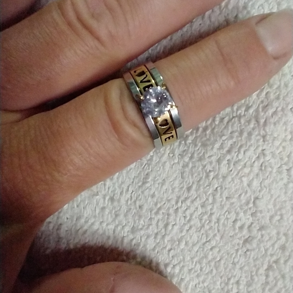Two tone silvertone goldtone love ❣️ crystal ring 3 rings in total stainless st.